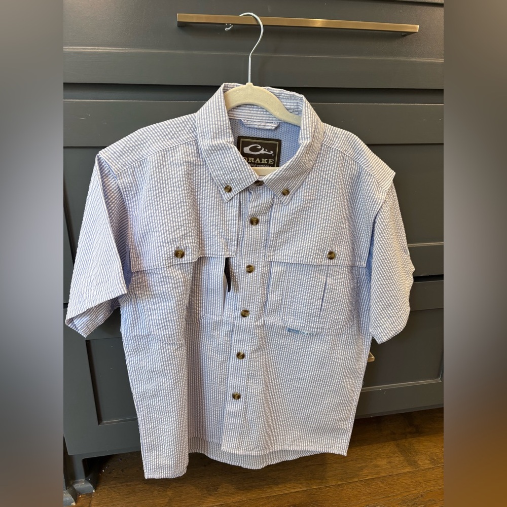 Drake Boys Vented Fishing Shirt blue/white Size 10